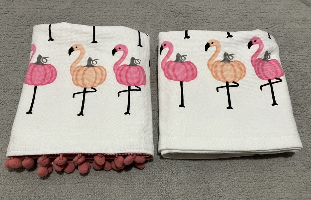 Casaba Kitchen Towel Set of 2 Flamingo Pumpkin Halloween Autumn Pom Pom